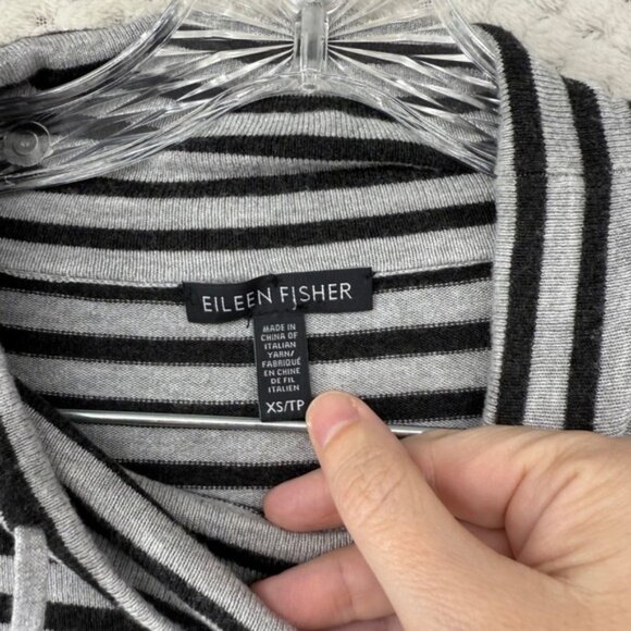 Eileen Fisher Knit Top Striped Gray Black Funnel Neck Long Sleeve Pullover XS - Picture 2 of 6